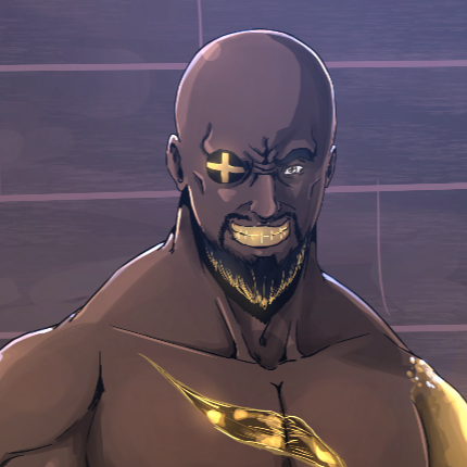 A muscular, shirtless man with dark skin, gold arm and shoulder armor, holding a gold prosthetic arm with a blue glowing light, standing in front of a brick wall, with an intense expression and a knife in his left hand.