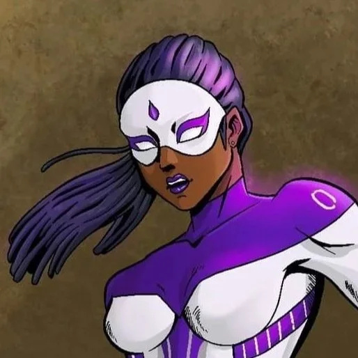 A female superhero with purple and white costume, holding a golden spear, wearing a white mask, and standing on a brown background.