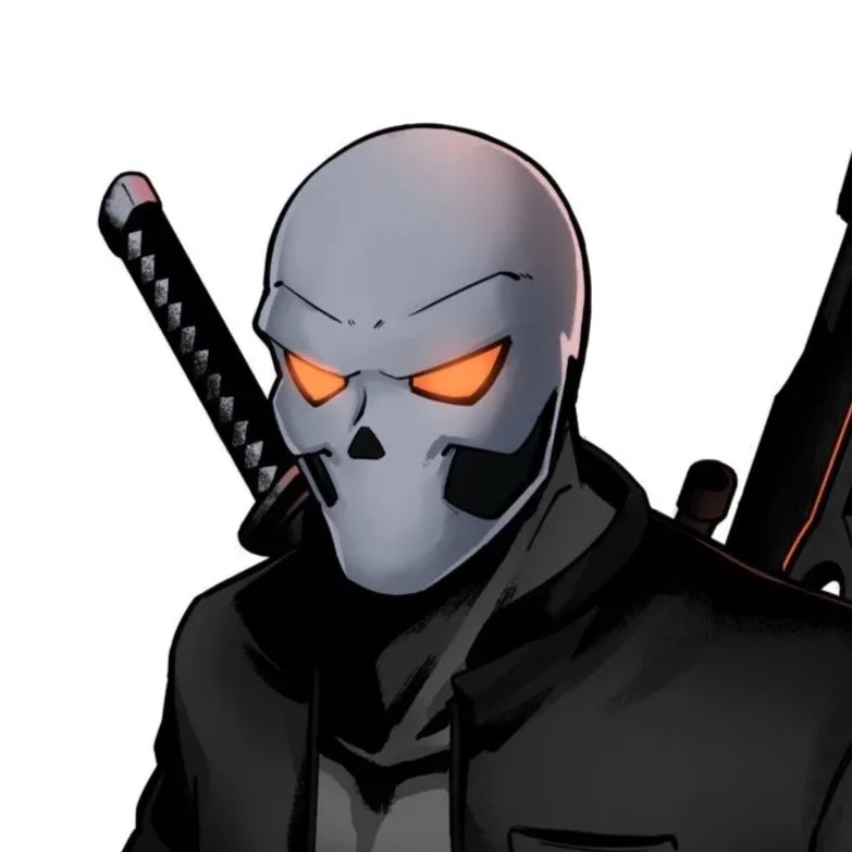 A digital illustration of a character with a skull face, glowing orange eyes, wearing a black jacket with a patch on the chest, and equipped with a sword and a gun on his back.