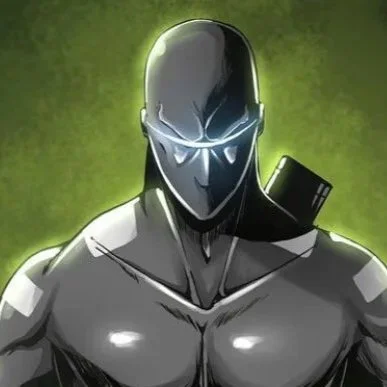 Digital illustration of a muscular figure in a black suit with a sleek helmet, holding a sword, walking on a dark ground with a green background.