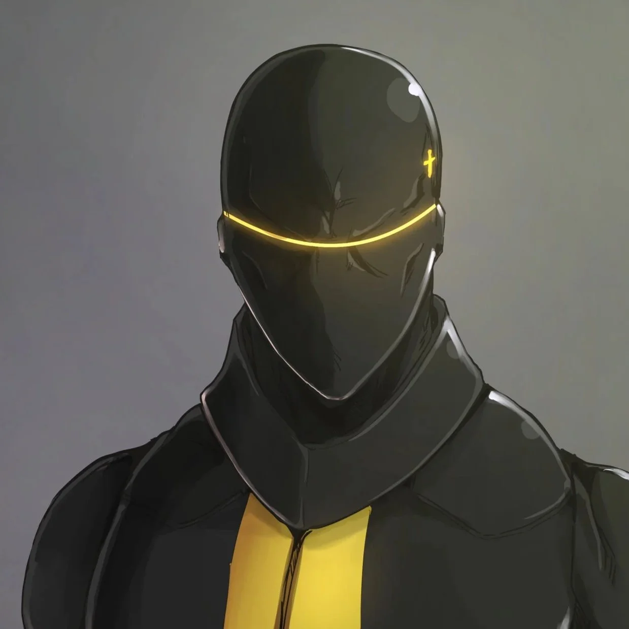A digital illustration of a superhero character in a black and yellow costume holding two red swords, with a sleek helmet and glowing yellow accents.