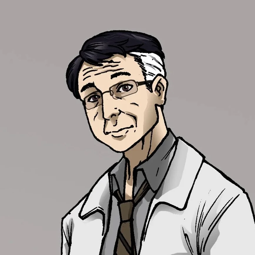 A cartoon illustration of a man wearing glasses, a white lab coat, a dark striped tie, dark pants, and black shoes, standing against a plain gray background.