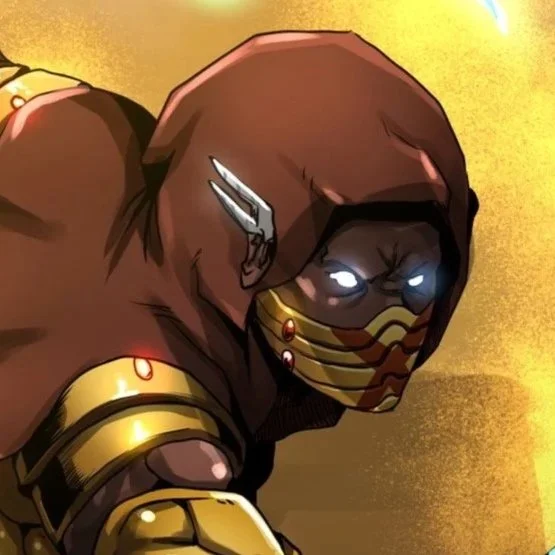 A fierce comic-style warrior wearing a hood, goblin-like face, glowing eyes, and golden armor, wielding glowing weapons.