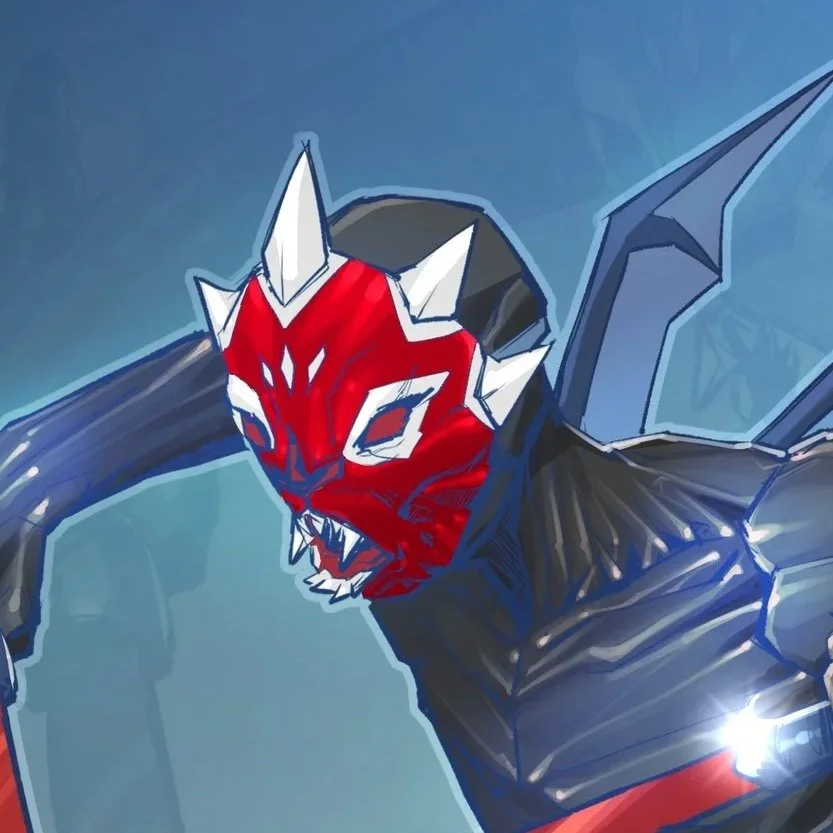A digital illustration of a humanoid character with a red and white fox mask and a dark, sleek bodysuit, wielding a curved blade, with a second fox-masked figure in the background.