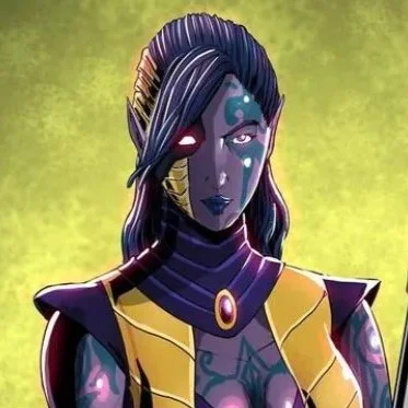 A digital illustration of a female warrior with dark skin, tattoos, and long dark hair, wearing a black and gold armor with a star emblem, holding a spear, and standing against a green background.