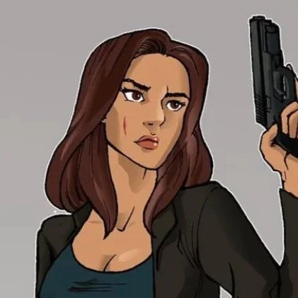 Animated woman police officer with brunette hair holding a gun, wearing a dark blazer and gray pants, with a badge on her belt, against a plain gray background.