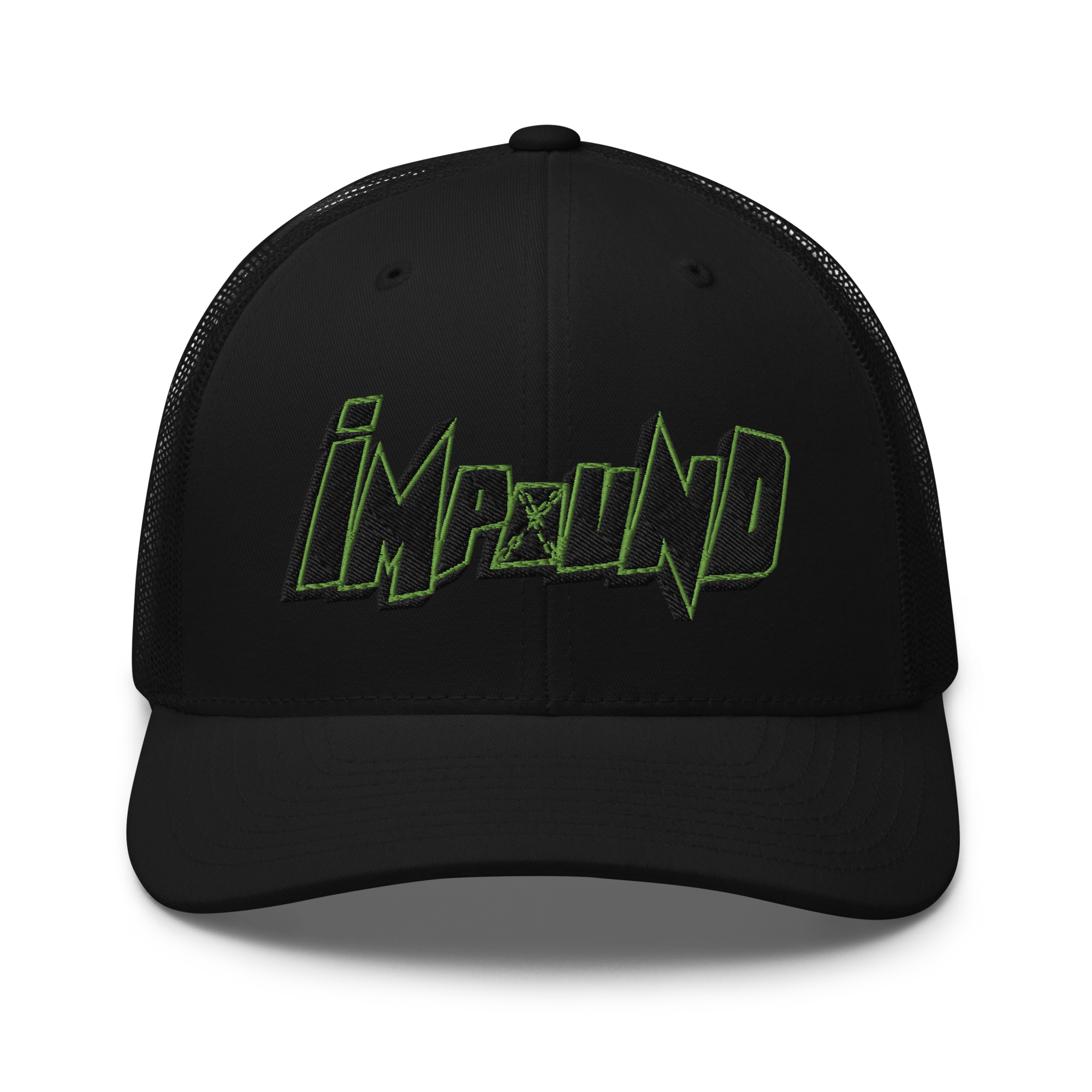 Black baseball cap with green and black embroidered logo that says 'IMPOUND' with a stylized font and a lion emblem in the center.