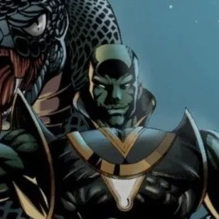 Comic book illustration of a muscular man with dark hair and green skin, dressed in black and gold armor, standing confidently with two large snakes with open mouths behind him under a full moon.