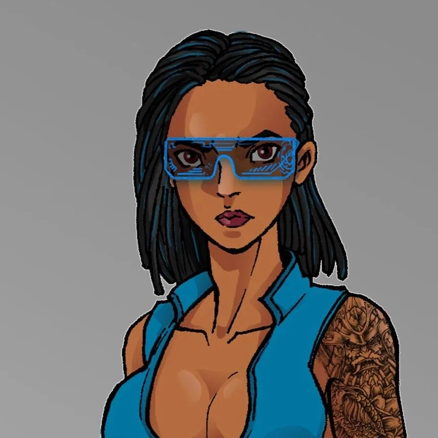 Futuristic female superhero with short black hair, blue visor, blue crop top with white accents, white pants with blue stripes, red boots, black gloves, and a tribal tattoo on her left arm.