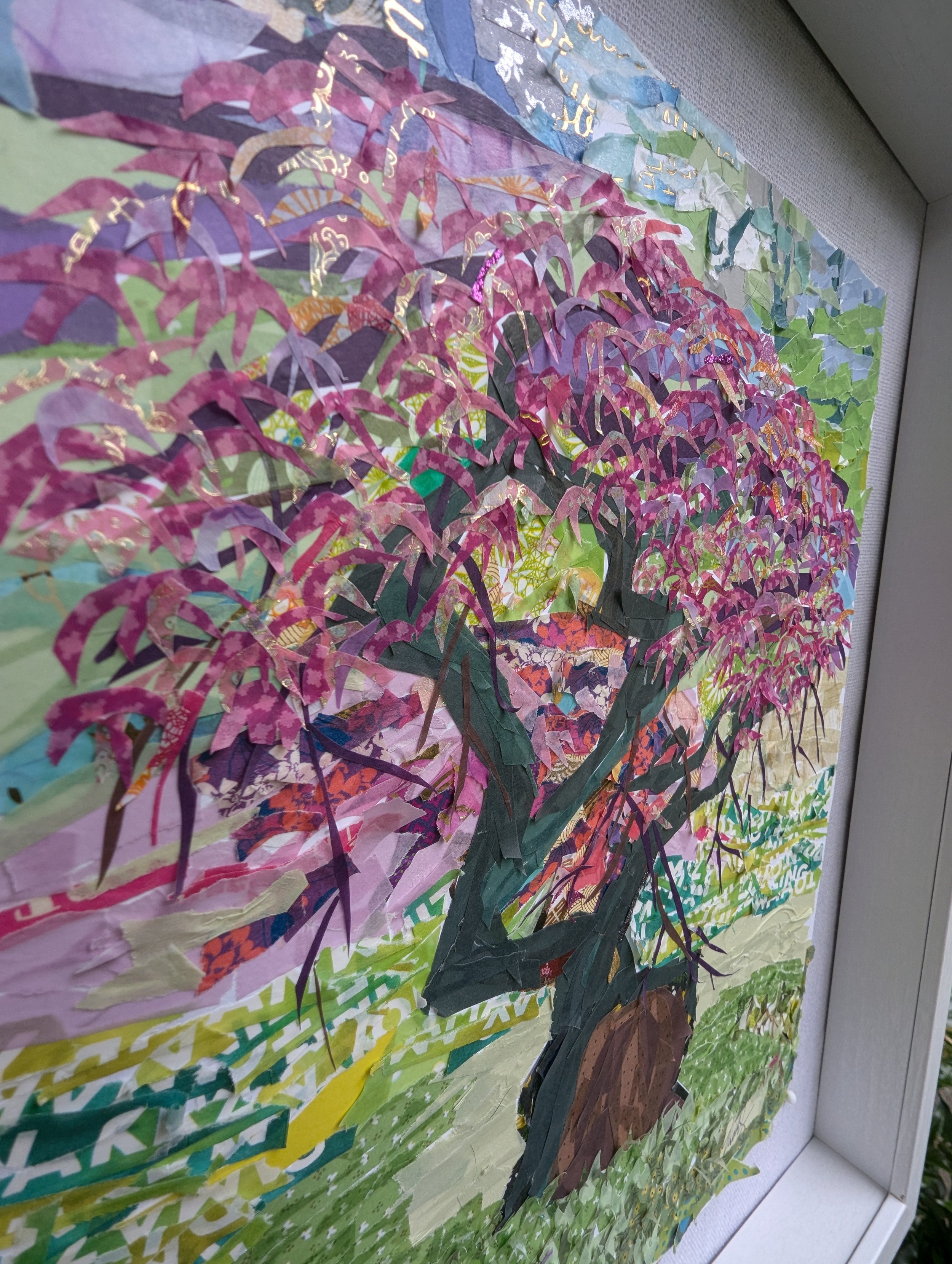 Side view of Japanese Maple tree with pink, purple, yellow and gold leaves with the trunk and branches in a green field