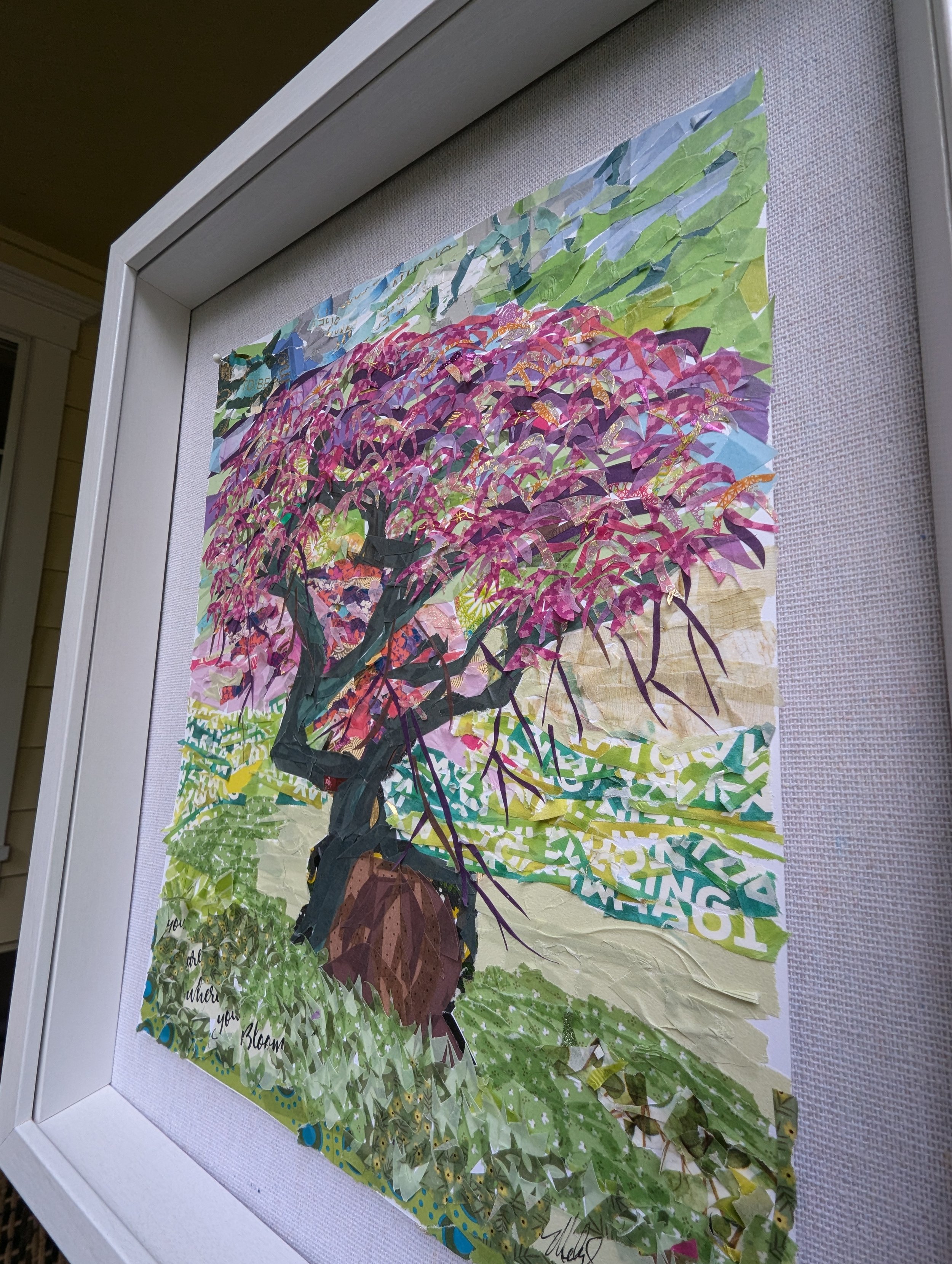 Side view of Japanese Maple tree with pink, purple, yellow and gold leaves with the trunk and branches in a green field