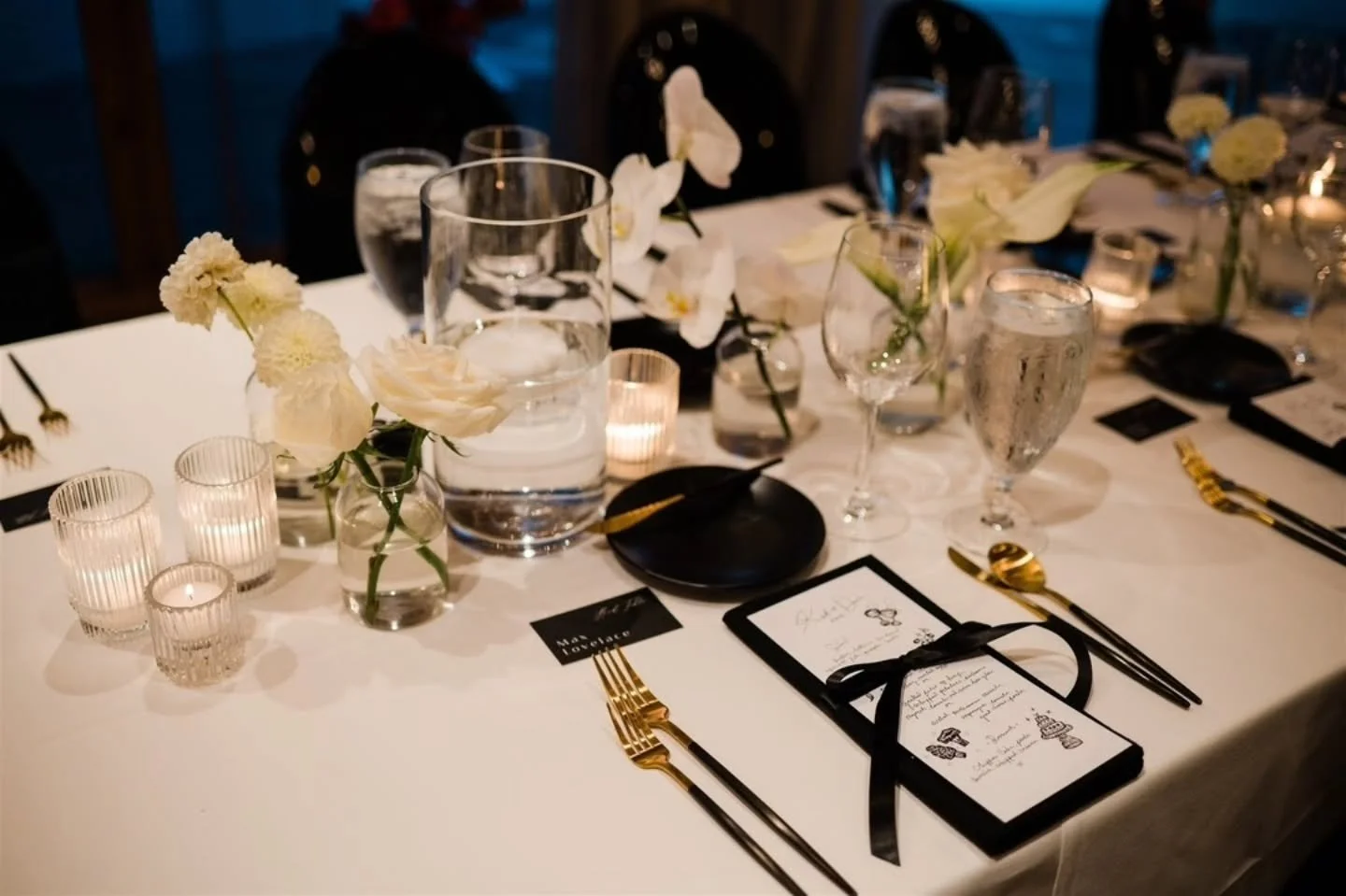 Loving this black and white wedding for this couple who wanted subtle vintage touches among a modern color palette and style. 

It's always fun dressing up The Edgewater Olympic Ballroom in different styles and colors for our couples. 

 Fab Vendor T