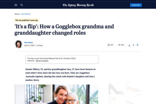 Sydney Morning Herald screenshot:  ‘It’s a flip’: How a Gogglebox grandma and granddaughter changed roles