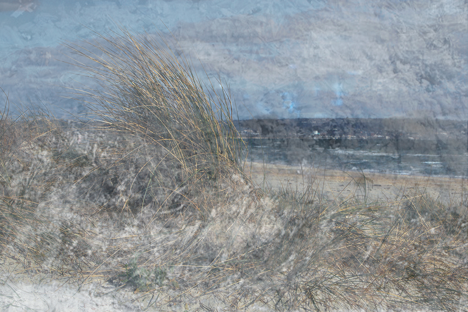 Colour photograph of seaside grassy landscape with a French Impressionist painterly effect.
