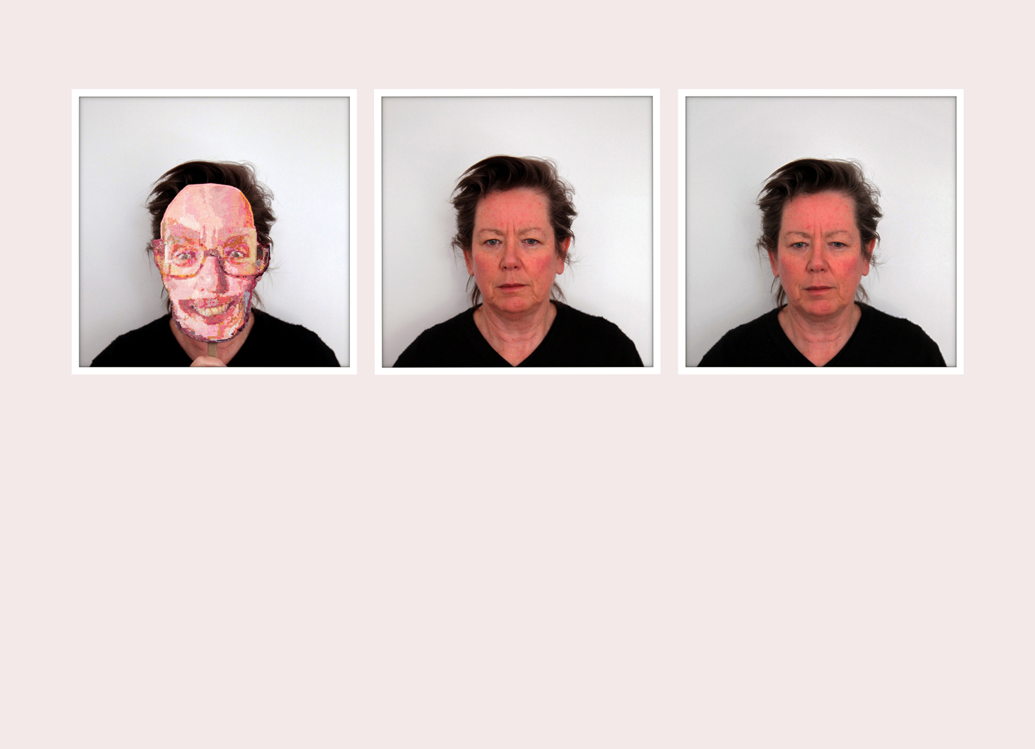 Three self-portraits photographs (head and shoulders), individually framed and hung on a pink wall. 