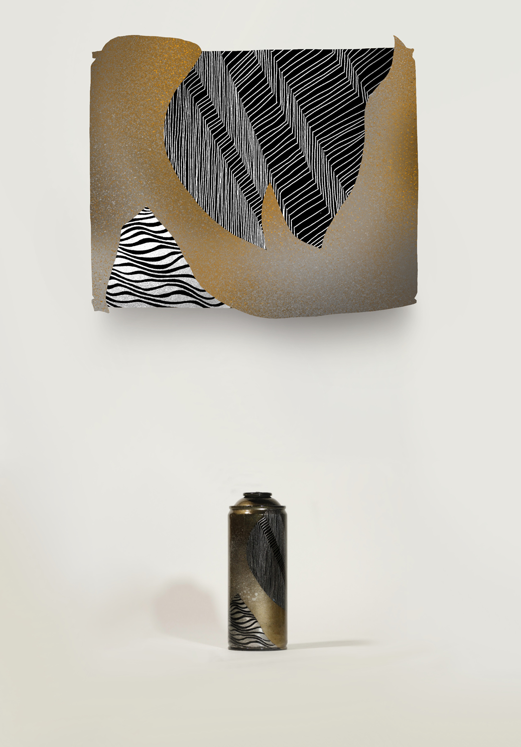 photograph of the Sculpture (Untitled 25) and its flat-drawn counterpart (Creamy) in a white studio setting, the drawing is just over one and a half times larger than the sculpture.