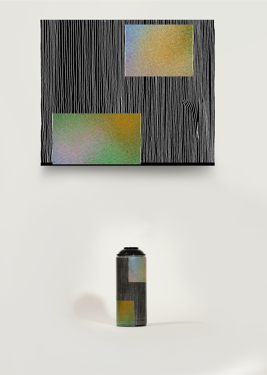 photograph of the Sculpture (Untitled 24) and its flat-drawn counterpart (Hard Edge 1) in a white studio setting, the drawing is just over one and a half times larger than the sculpture.
