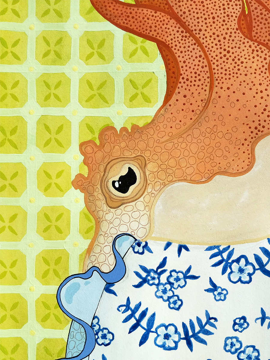 cuttlefish couple with human genitalia and colourful Japanese inspired pattern background