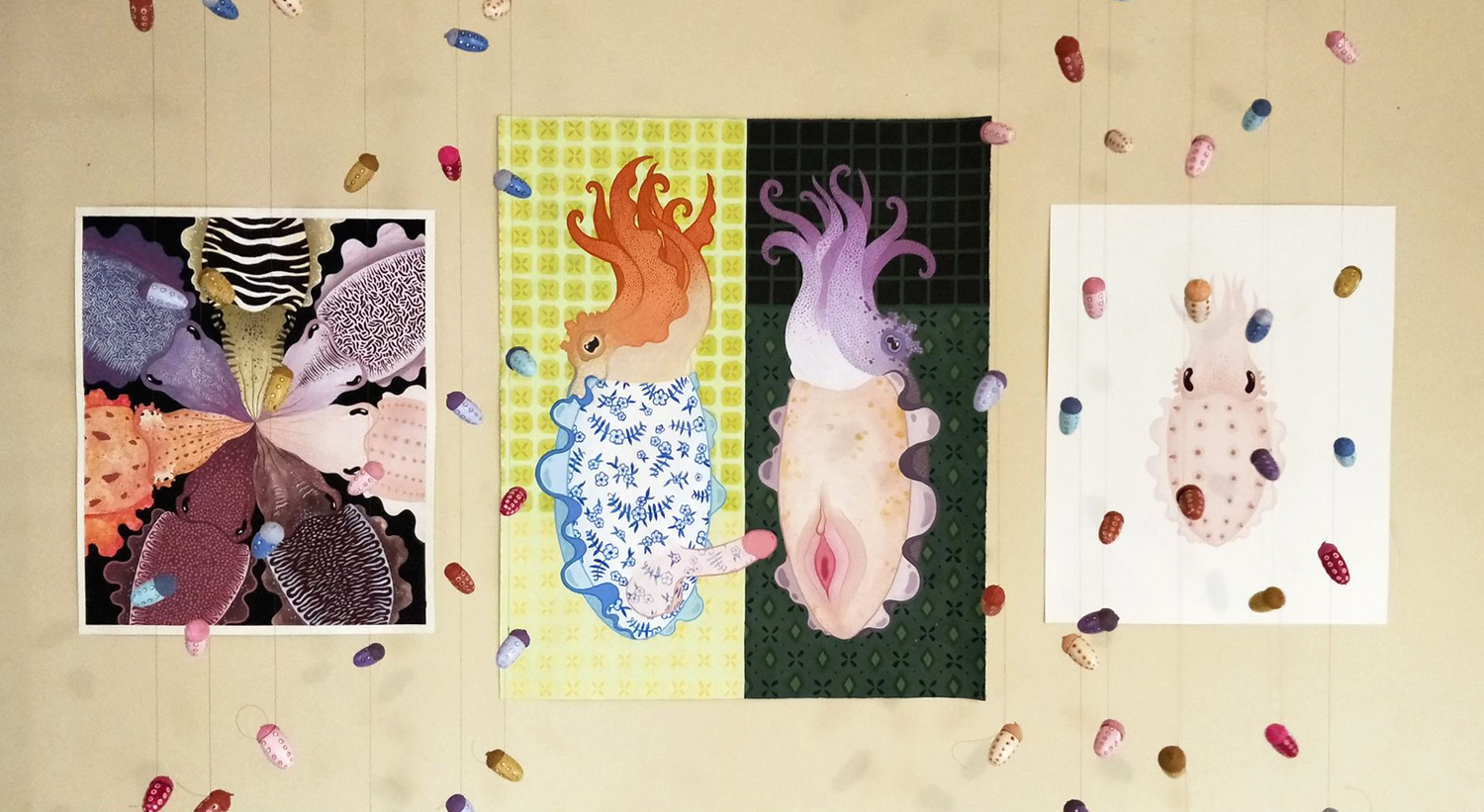 colourful cuttlefish displayed in patterns surrounded by floating acorn cephalopod spores