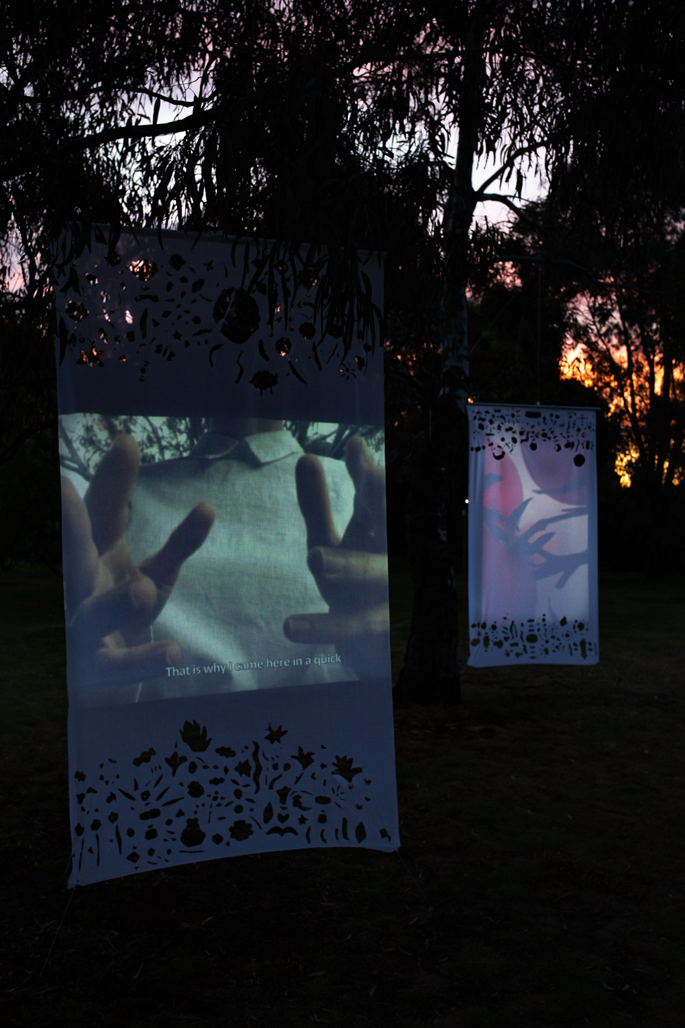 I Was Named to Dream for Others is a video installation consisting of two sculptural banners with projections, installed in the park at dusk.