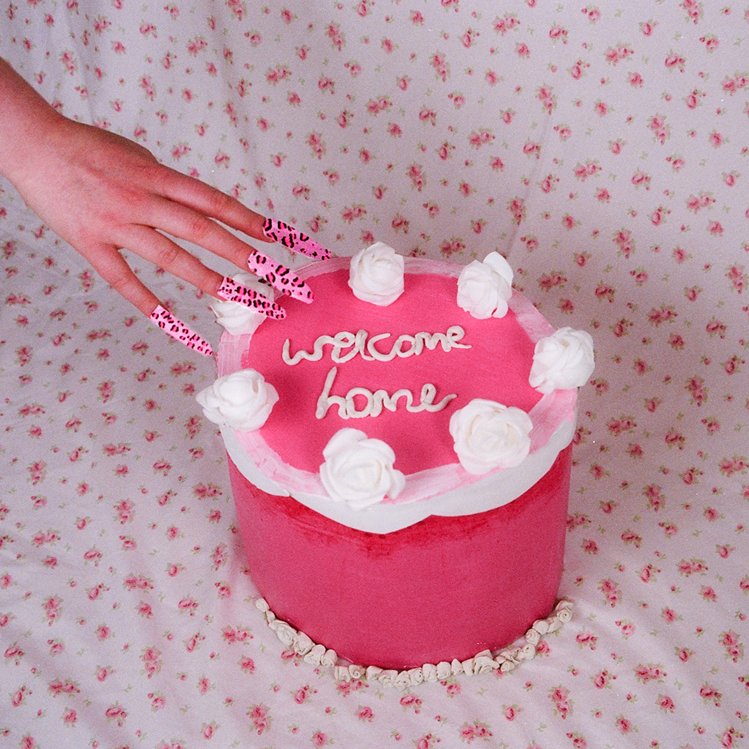 Colour photograph depicting hand with cardboard nails reaching for cardboard cake.