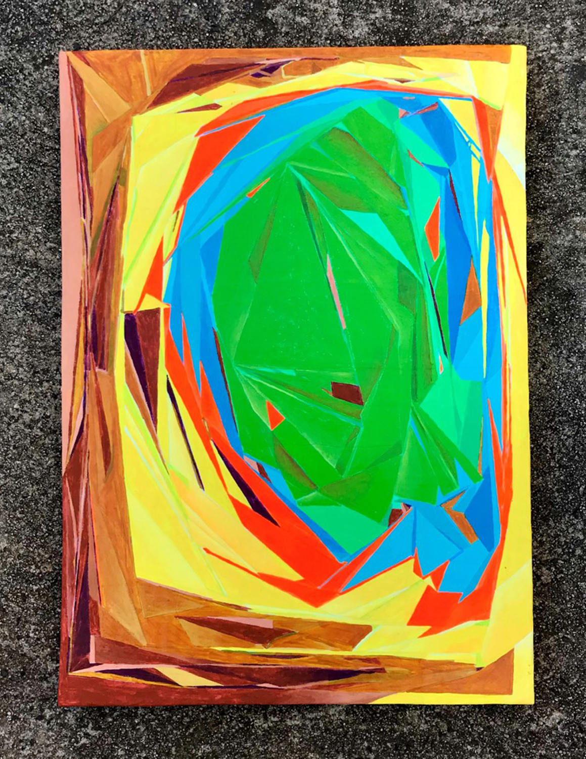 A geometric abstract painting on recycled material. Colourful circular motion of strongly diagonal forms.