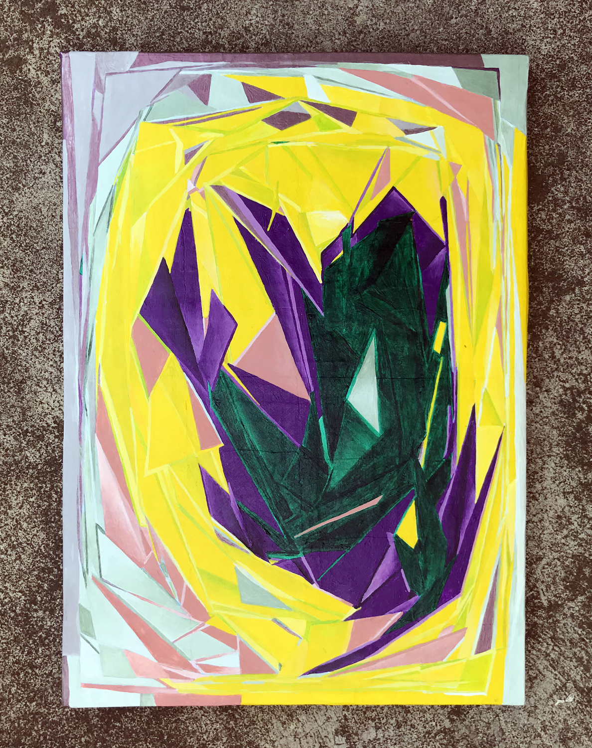 A geometric abstract painting on recycled material. Colourful circular motion of strongly diagonal forms.