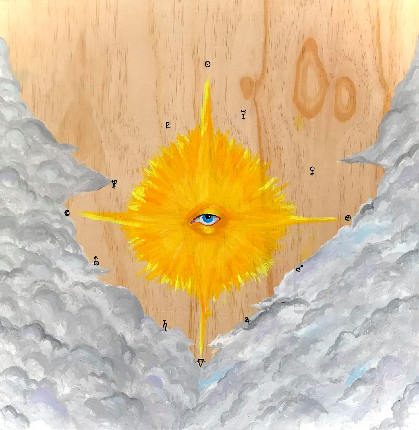  A sun with an eye emerging from clouds with the symbols for each planet in a circle around the sun