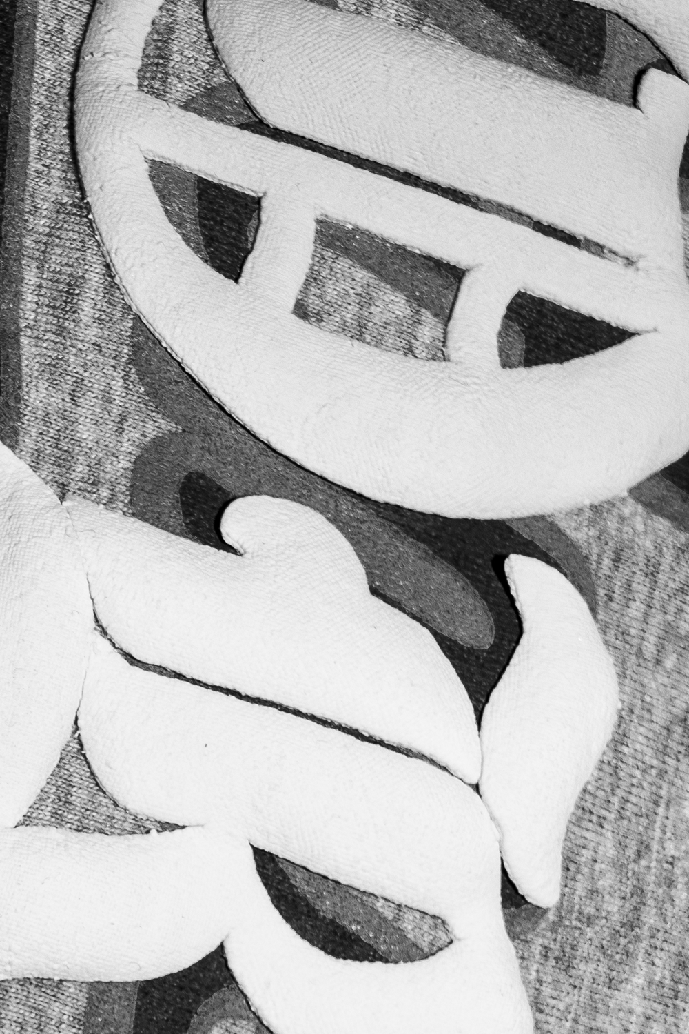 Black and white close up macro image of textile with lettering.