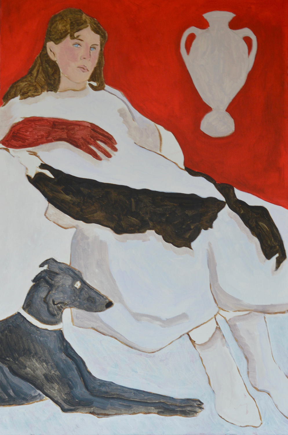 Girl sitting with a black greyhound at her feet. Her right hand is red. There is a white vase next to her head.