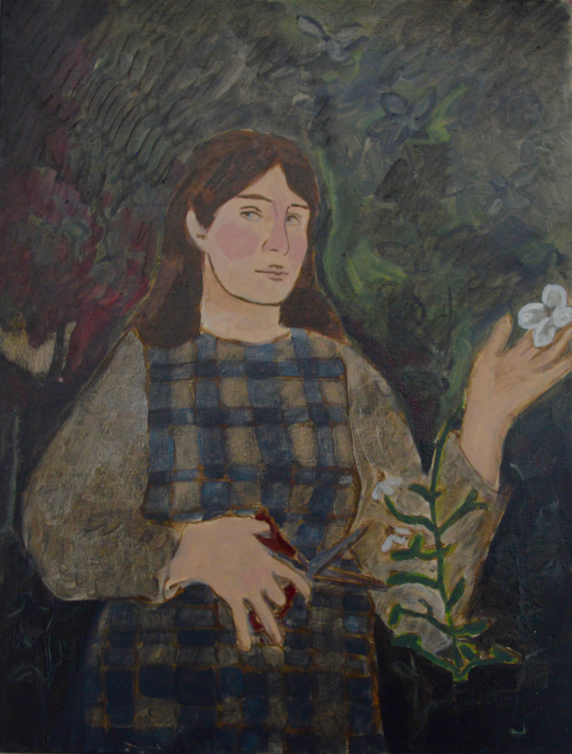 A girl stands in darkness, one hand holding a flower, the other a pair of scissors and she is about to cut a branch.