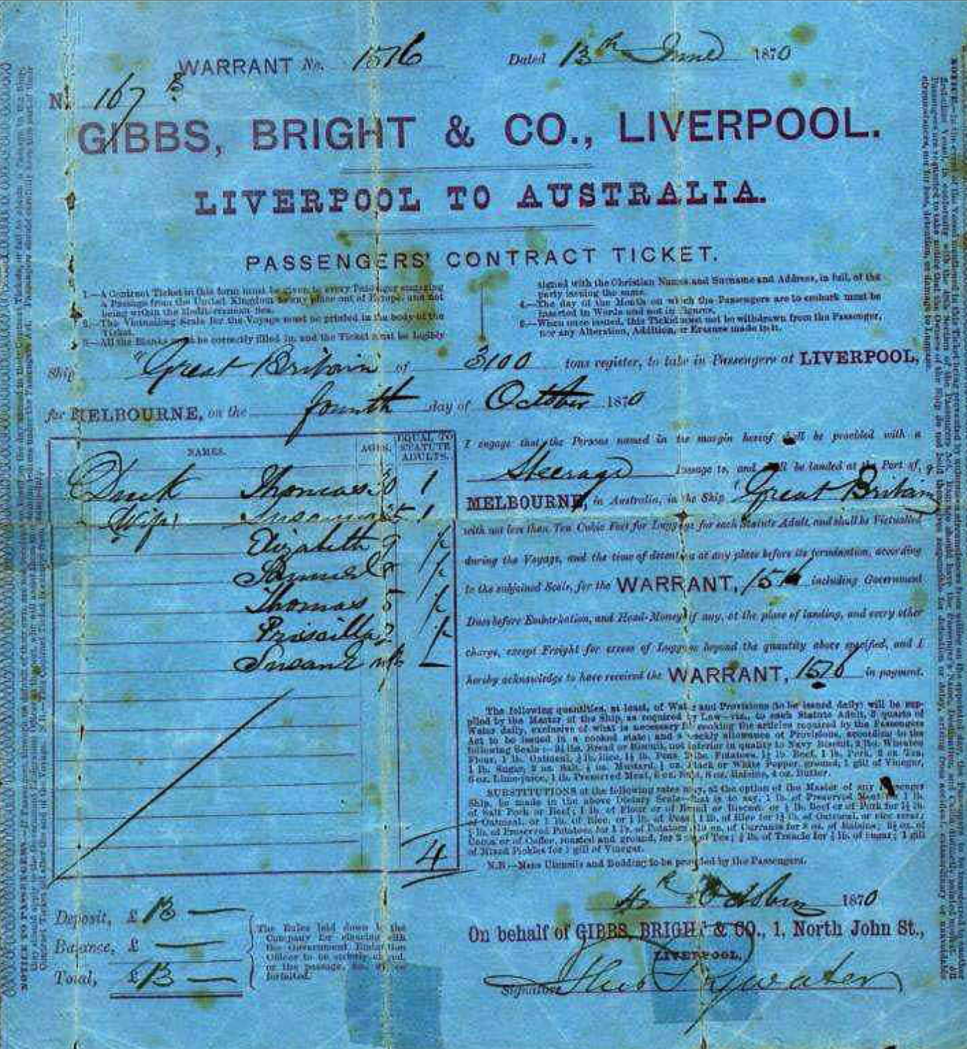 Scanned image of passenger ticket for ship travel from Liverpool to Australia. Dated 1870.