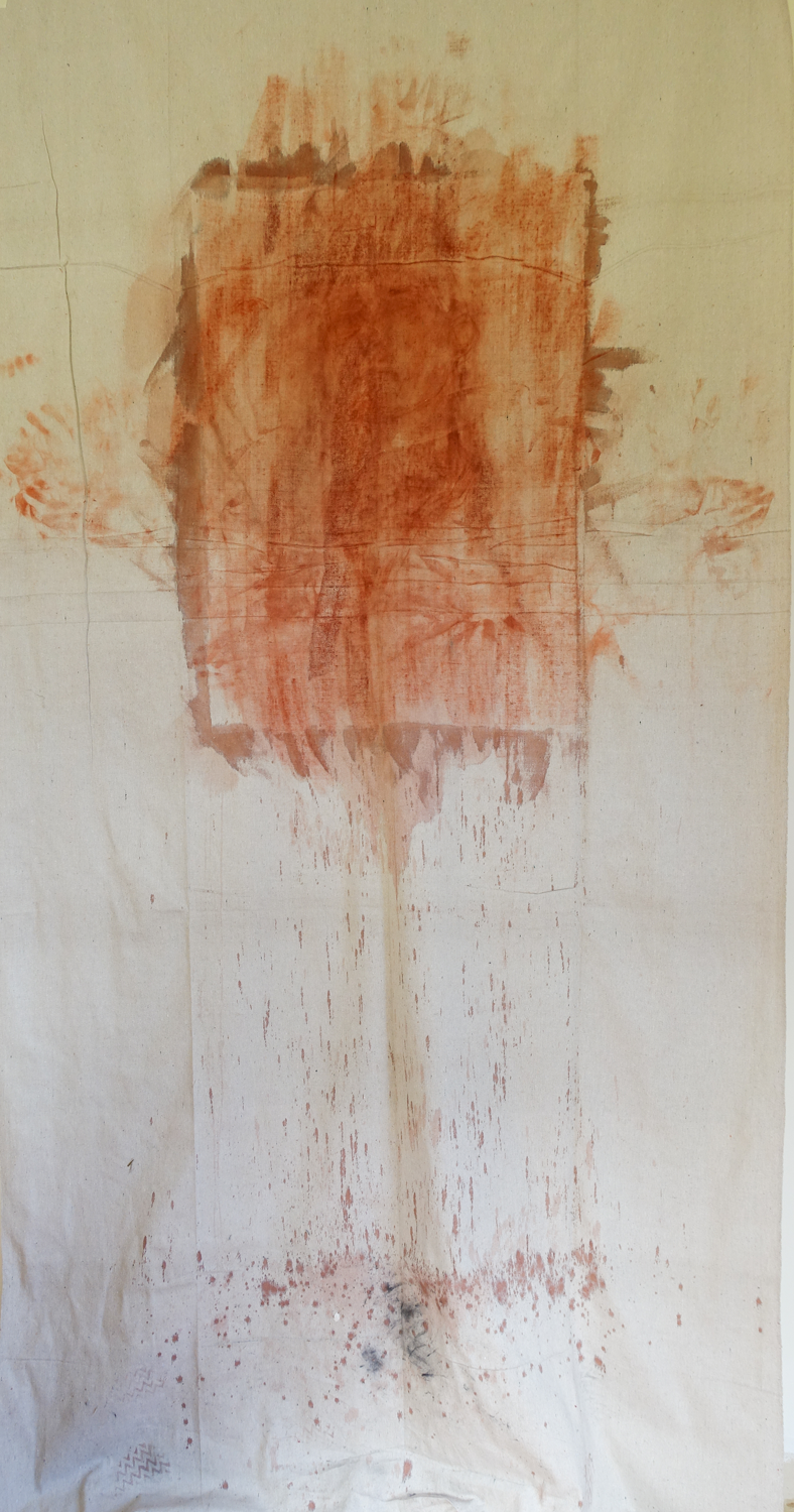 An red-orange figurative painting on canvas, drips, marks and smudges surround the abstracted figure