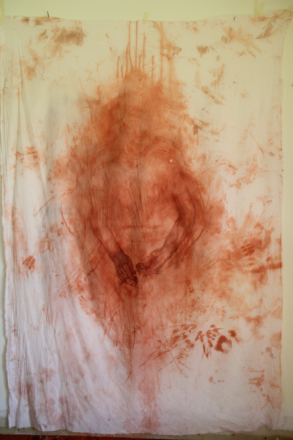 figurative painting, abstract lines, marks and smudges surround a pair of hands, the colours are warm toned reds and pinks
