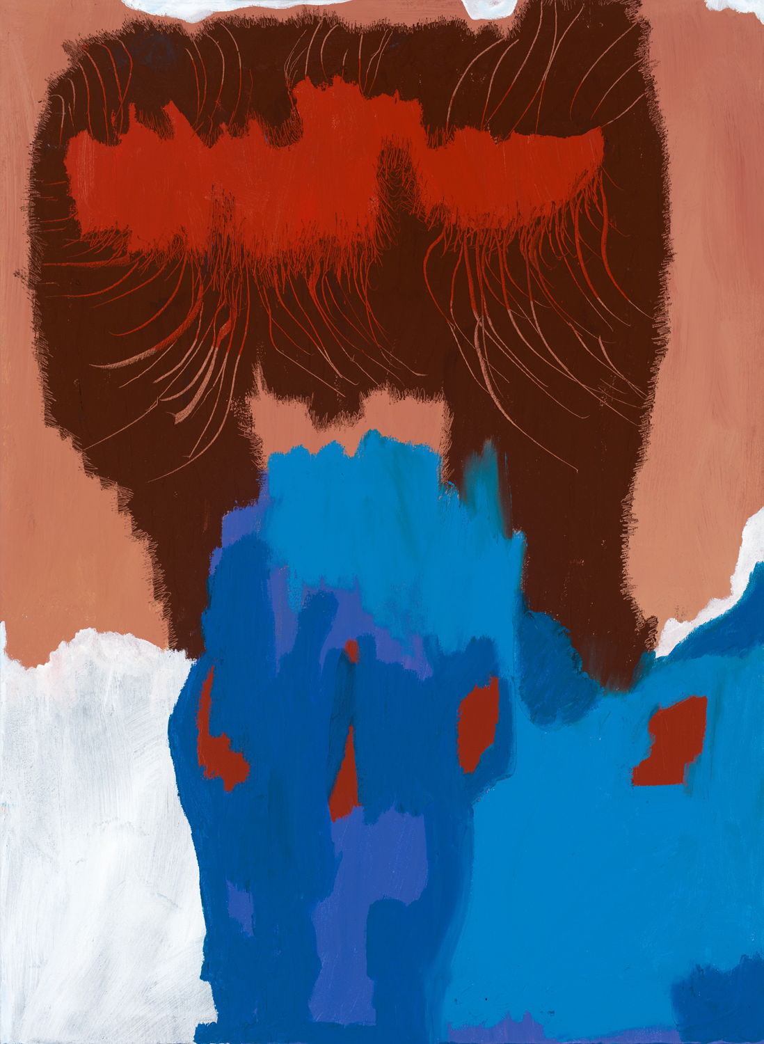 Red abstract figure on the top half. Blue on the bottom half, with red circles inside.
