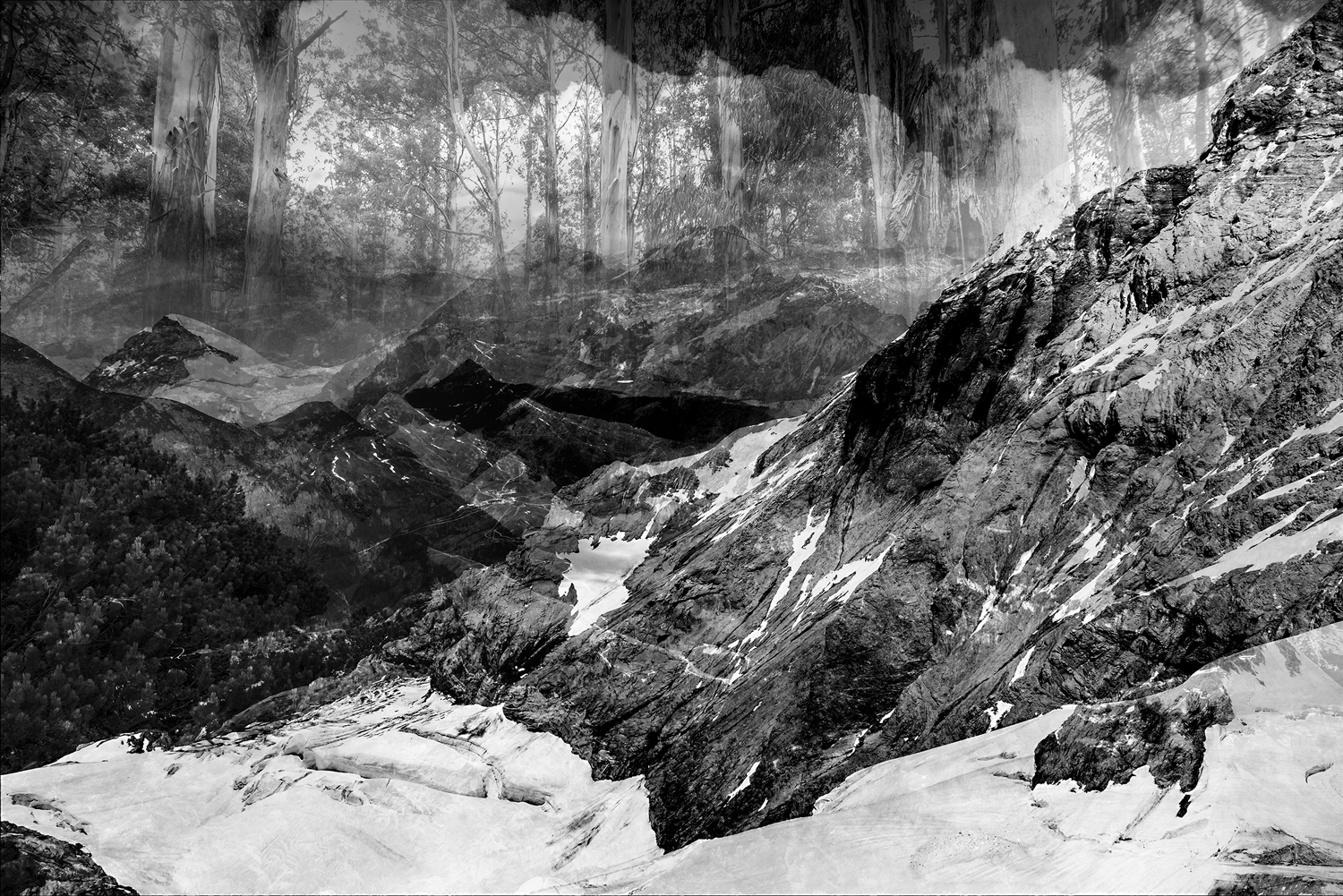 Overlaid black and white images of mountainous landscape with valley.