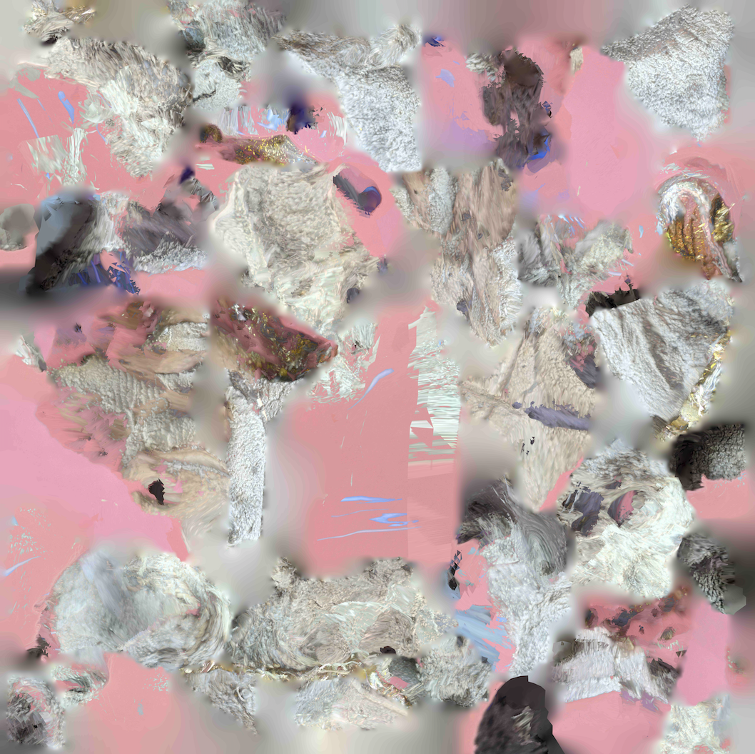 an abstracted 2d digital image with ceramic and glass textures blended on a pink background