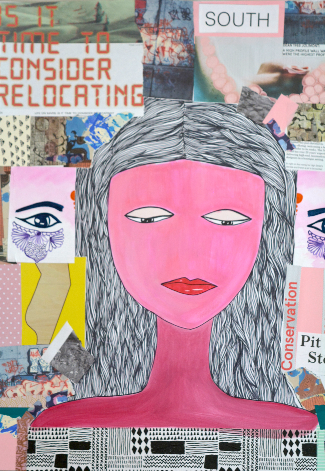 girl with pink skin and wavy hair collage
