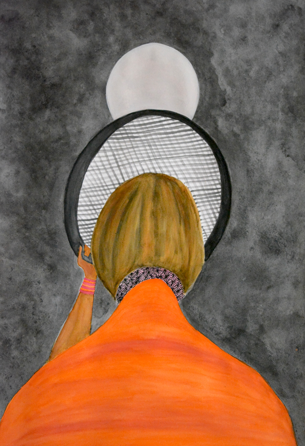 watercolour painting of figure holding screen up to the moon