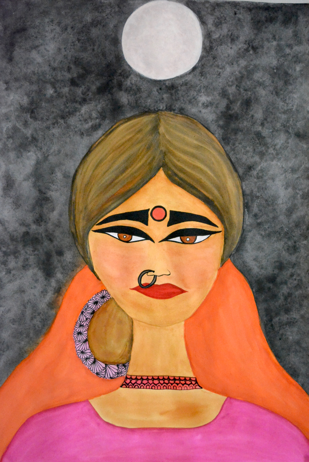 watercolour painting of portrait of indian woman in front of the full moon