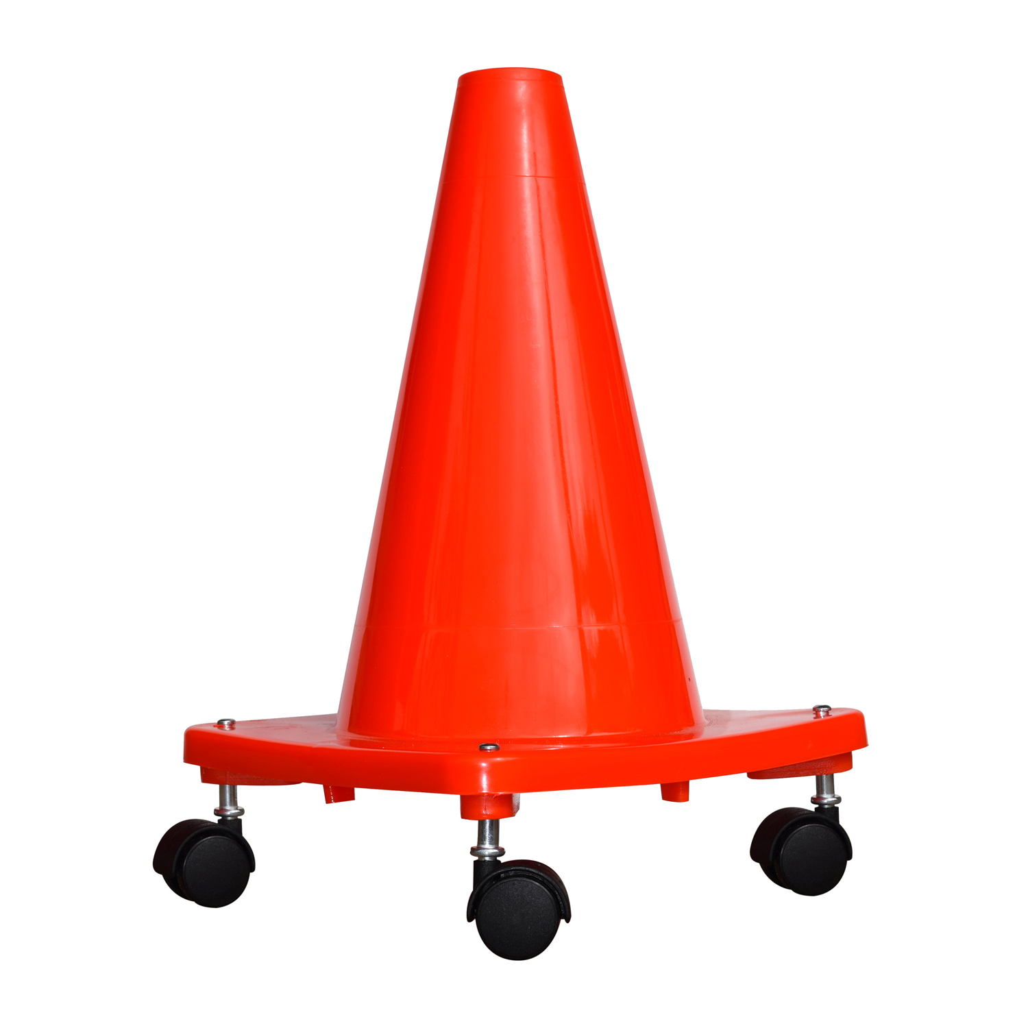 An orange safety cone with wheels