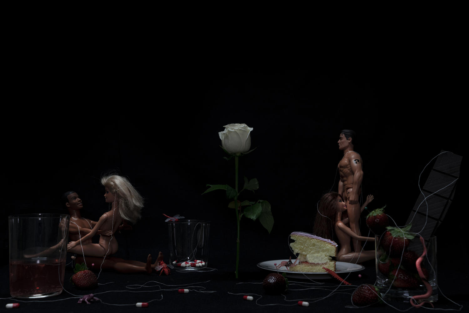 Dark digital photograph of a white rose amongst scattered items of pills, strawberries, a slice of cake, plastic insects, string, glasses filled with red liquid and two naked barbie couples.