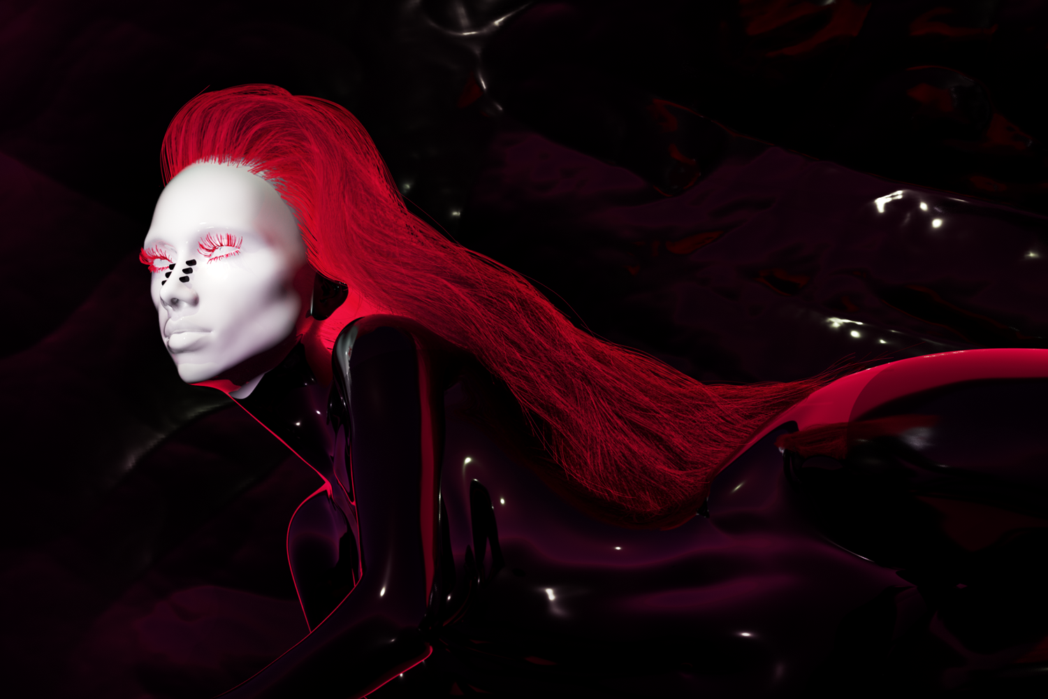 Colour image of a virtual avatar in 3D space with red hair, black body and white porcelain face.