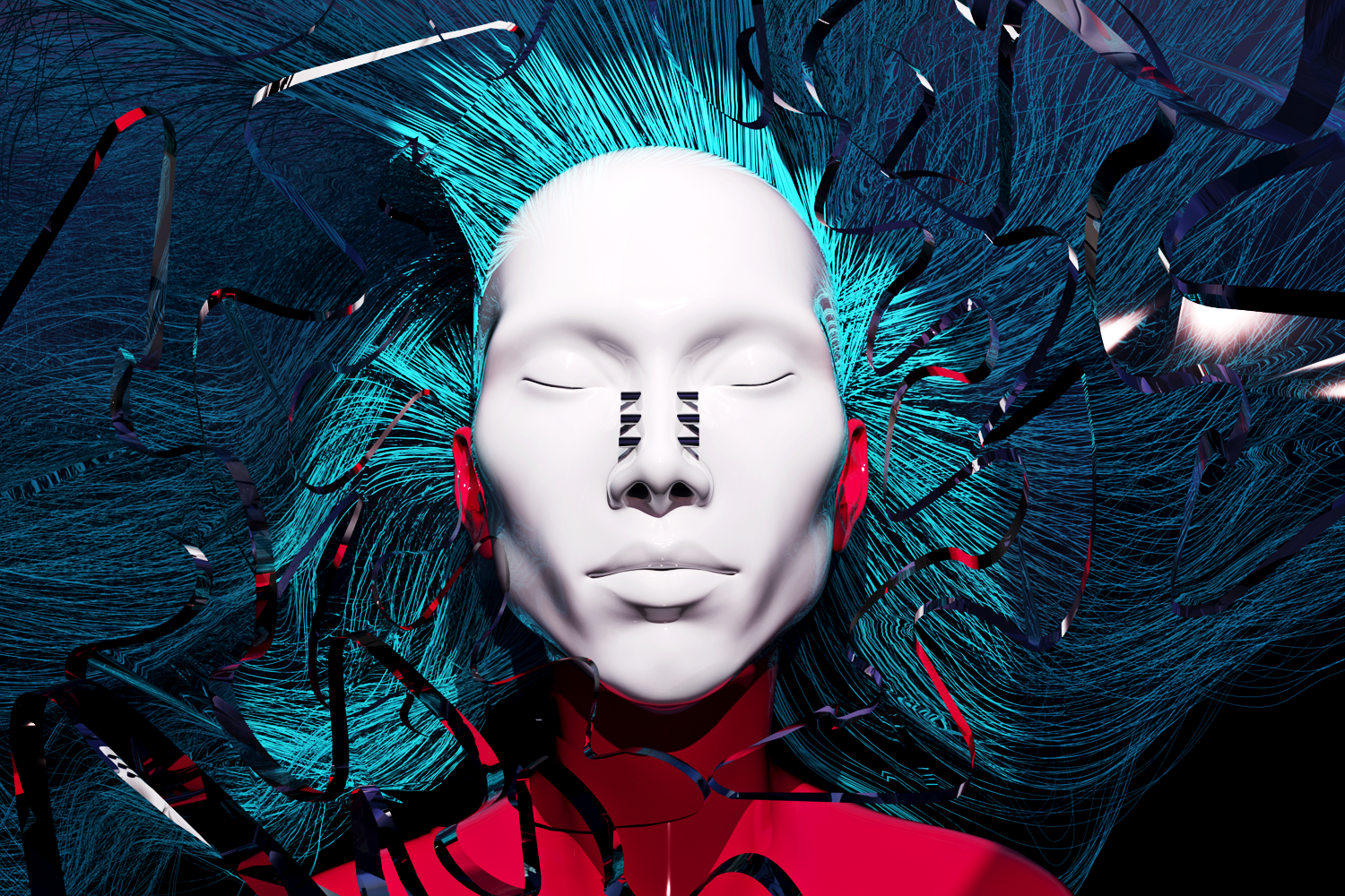 Colour image of a portrait of a virtual avatar in 3D space with blue hair, red body and white porcelain face.