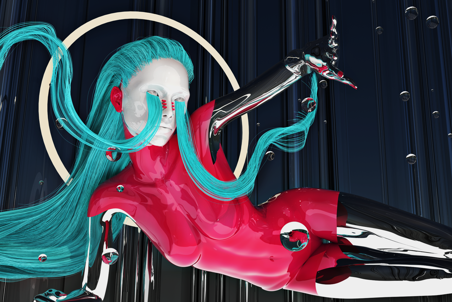 Colour image of a virtual avatar in 3D space with blue hair, red body and a white porcelain face. Streams of blue flow from it's eyes.