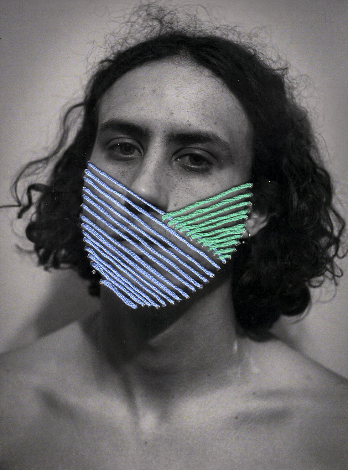 Black and white self-portrait with embroidery sewn over mouth in mask-like fashion.