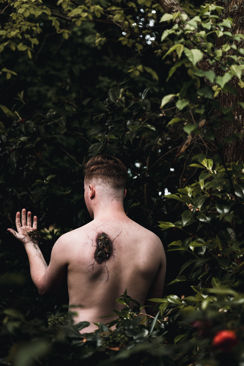 Colour photograph of a man in bush with bark on body. Man faces away from camera.