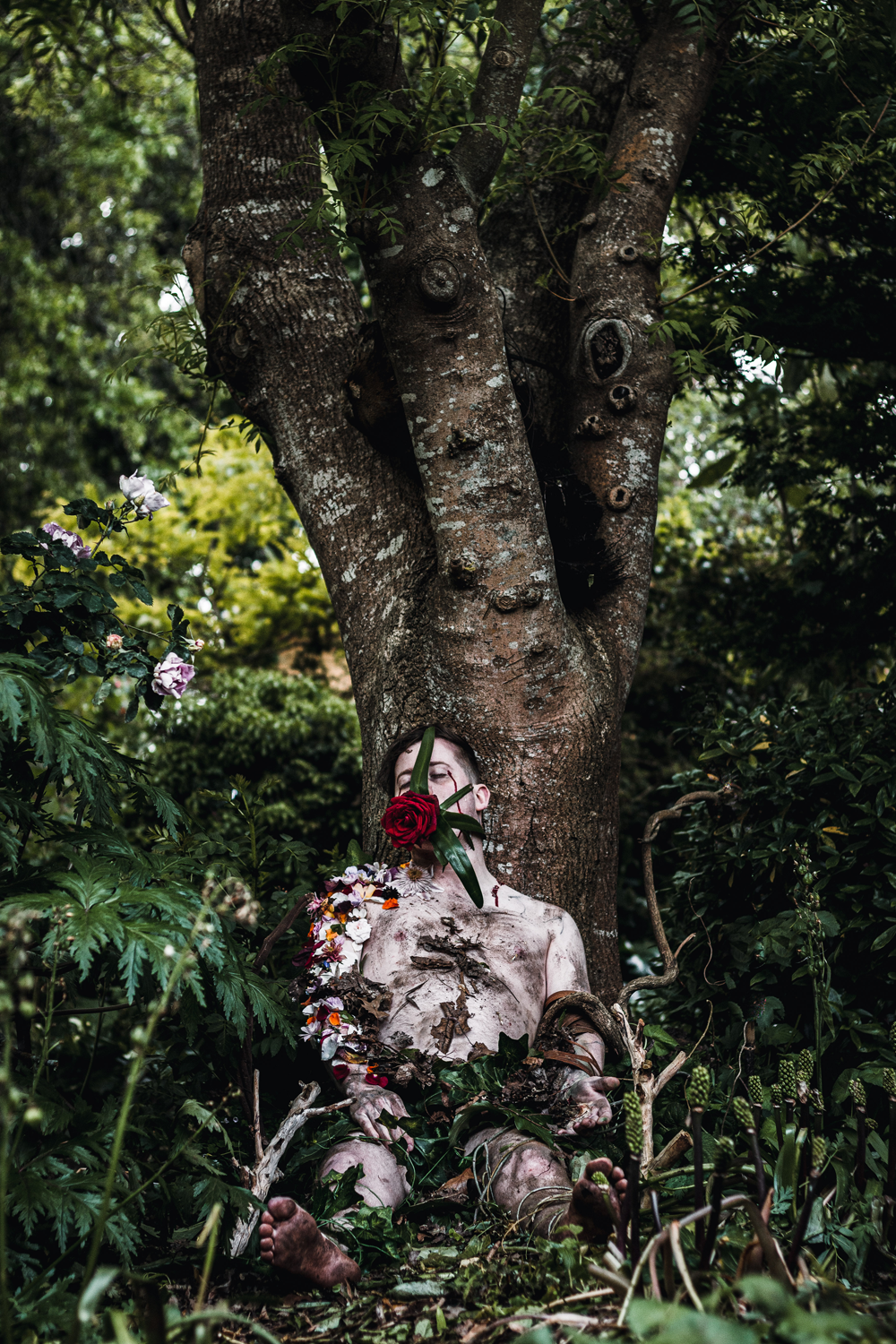 Colour photograph of a man dead against a tree and covered in plants and flowers amongst forest scenery.