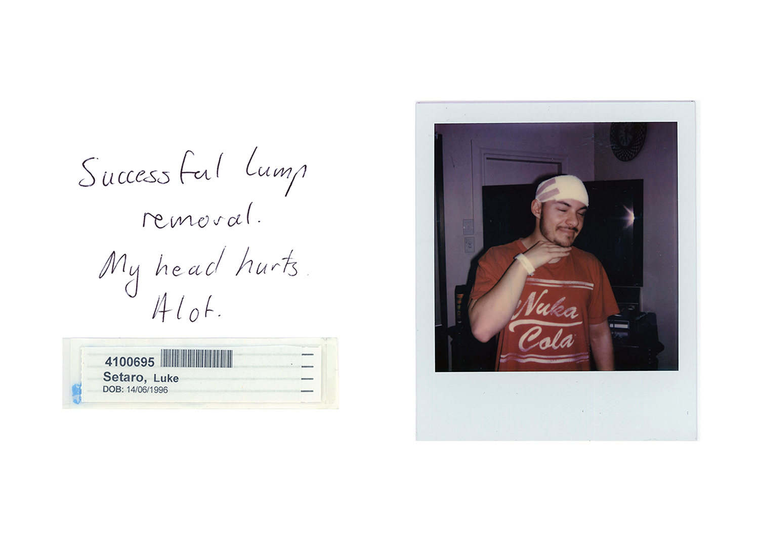 Text with hospital tag and Polaroid depicting a smiling man with head wrapped in bandages.