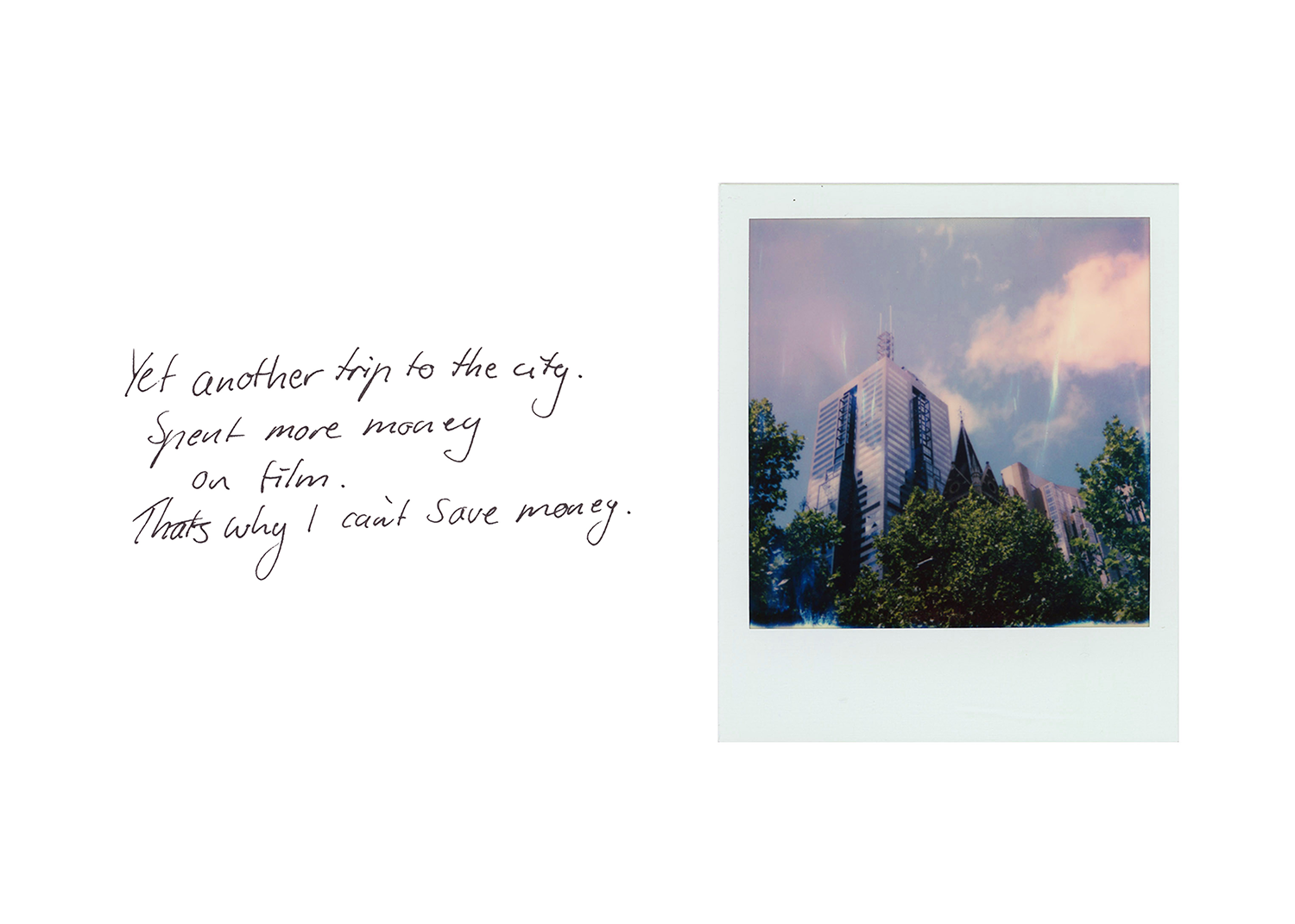 Text with Polaroid depicting skyline with trees and city high-rises.